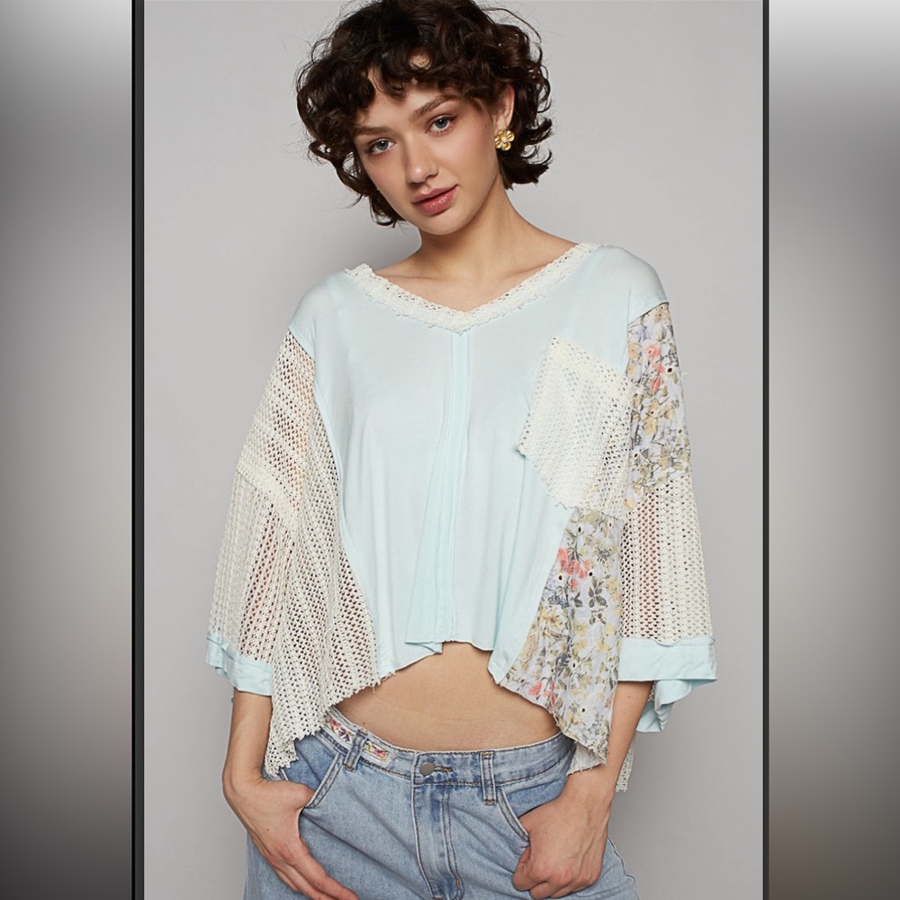 164 ๐บ๐ธ 1 LEFT POL v-neck relaxed fit top patch crochet patch vintage washing - Picture 3 of 4